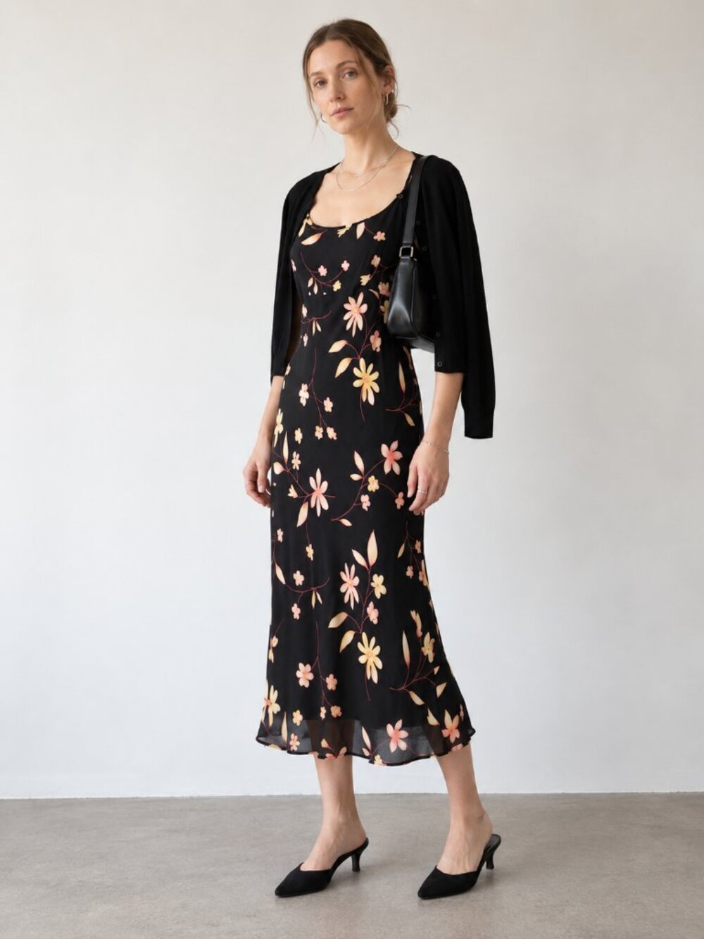 Vintage Loco Lindo Floral Bias Cut Rayon Midi Dress S Made in California